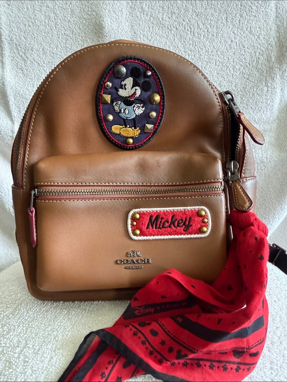 Coach Brown Leather Kids Backpack with Red Mickey Patch